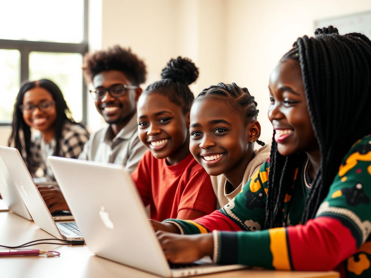 Young students learning with laptops in a bright classroom